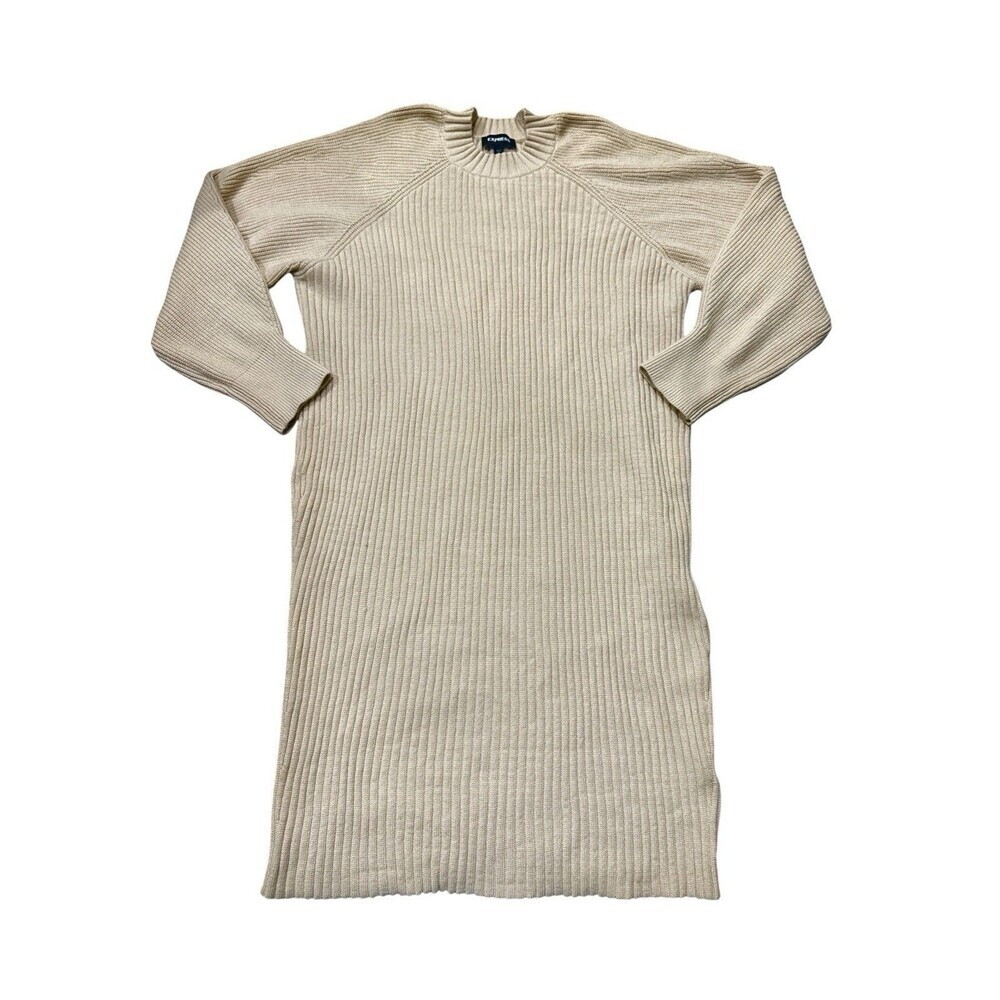 Express Ribbed Knit Sweater Dress Cream Mock Neck Long Sleeve Women’s Size L NWT